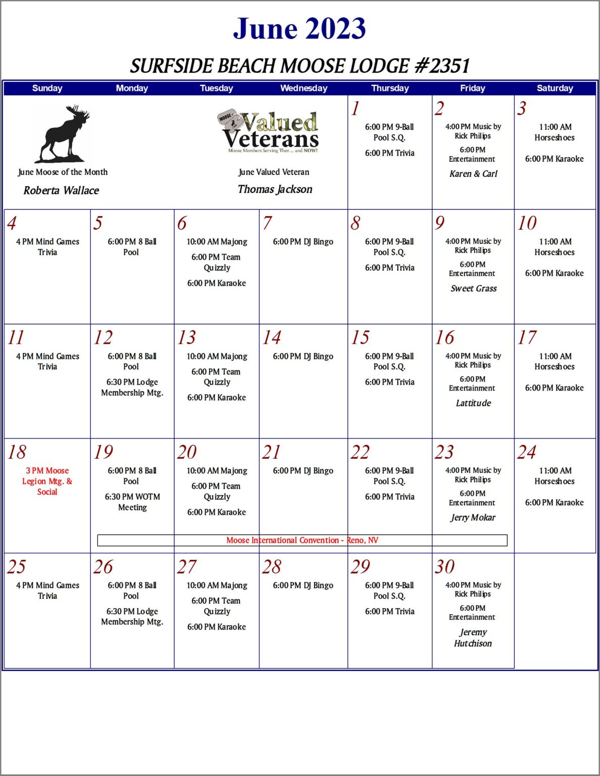 Calendar Surfside Beach Moose Lodge